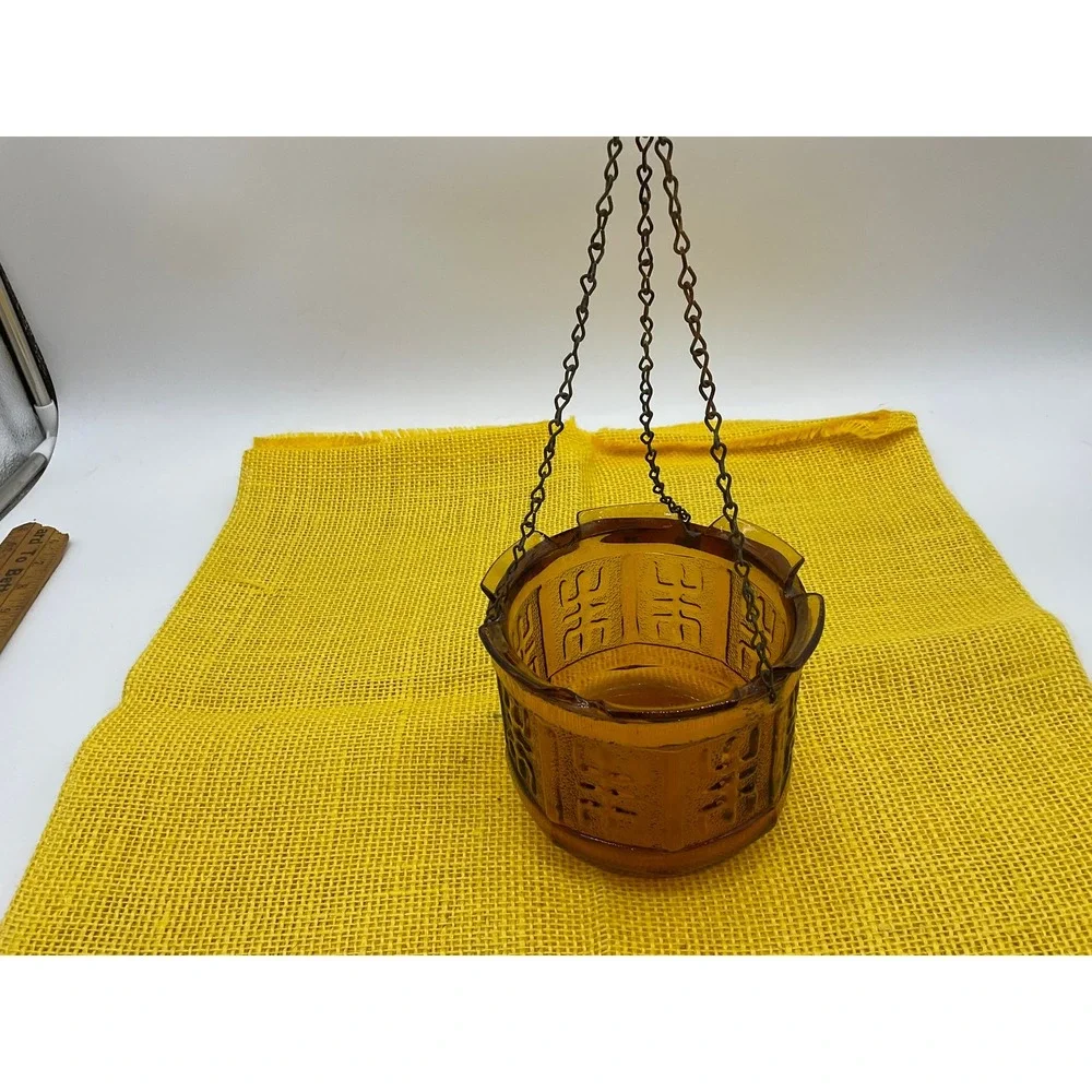 Vintage Hanging Planter Amber Glass MCM Geometric Home Decor 1970's
